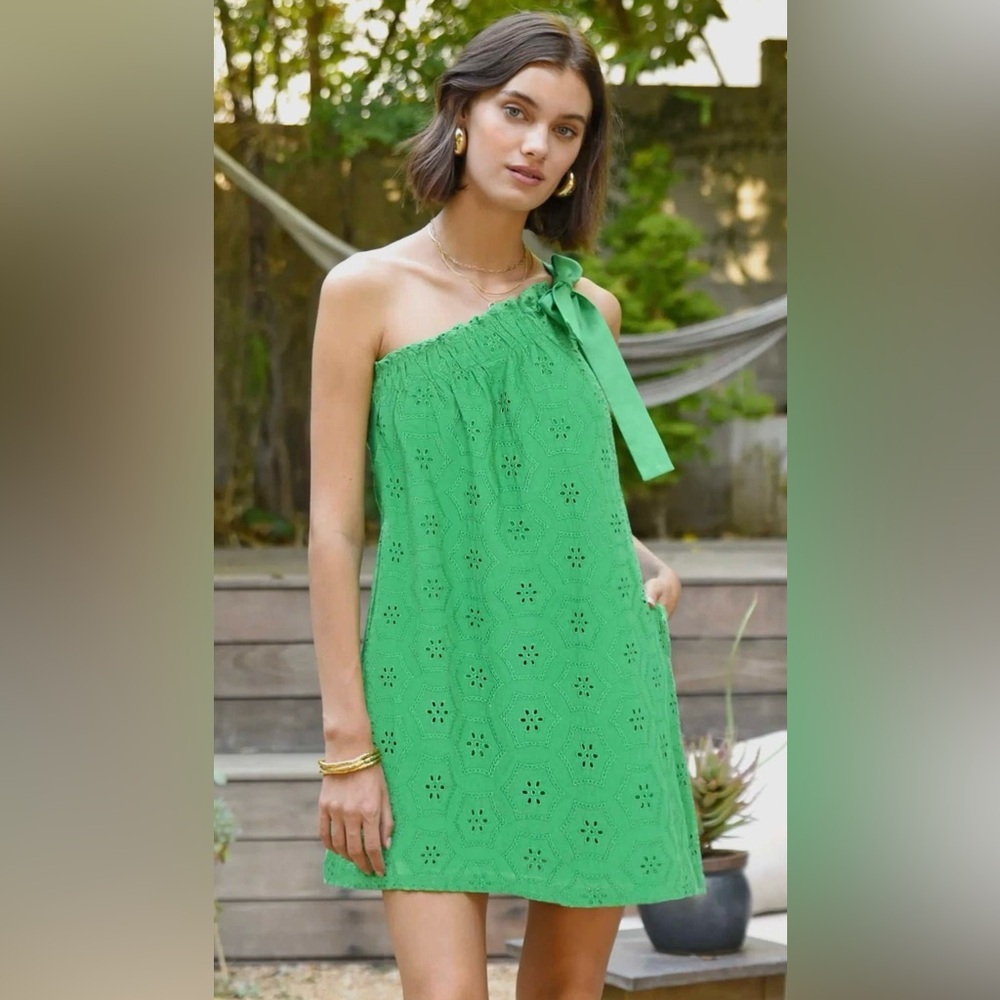 Tropical One-Shoulder Bow Eyelet Dress Green Mini Dress